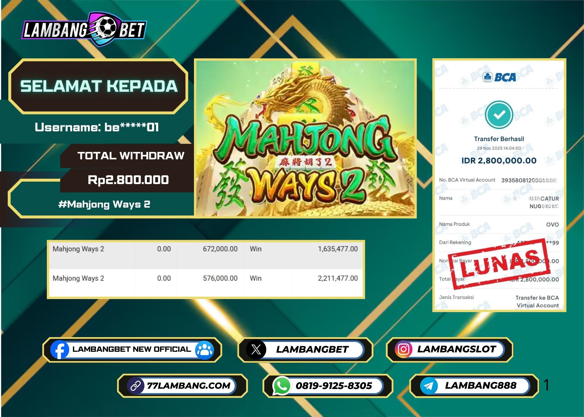 LAMBANGBET [29 NOVEMBER 2025] JACKPOT SLOT Mahjong Ways 2 "Rp2.800.000" LUNAS